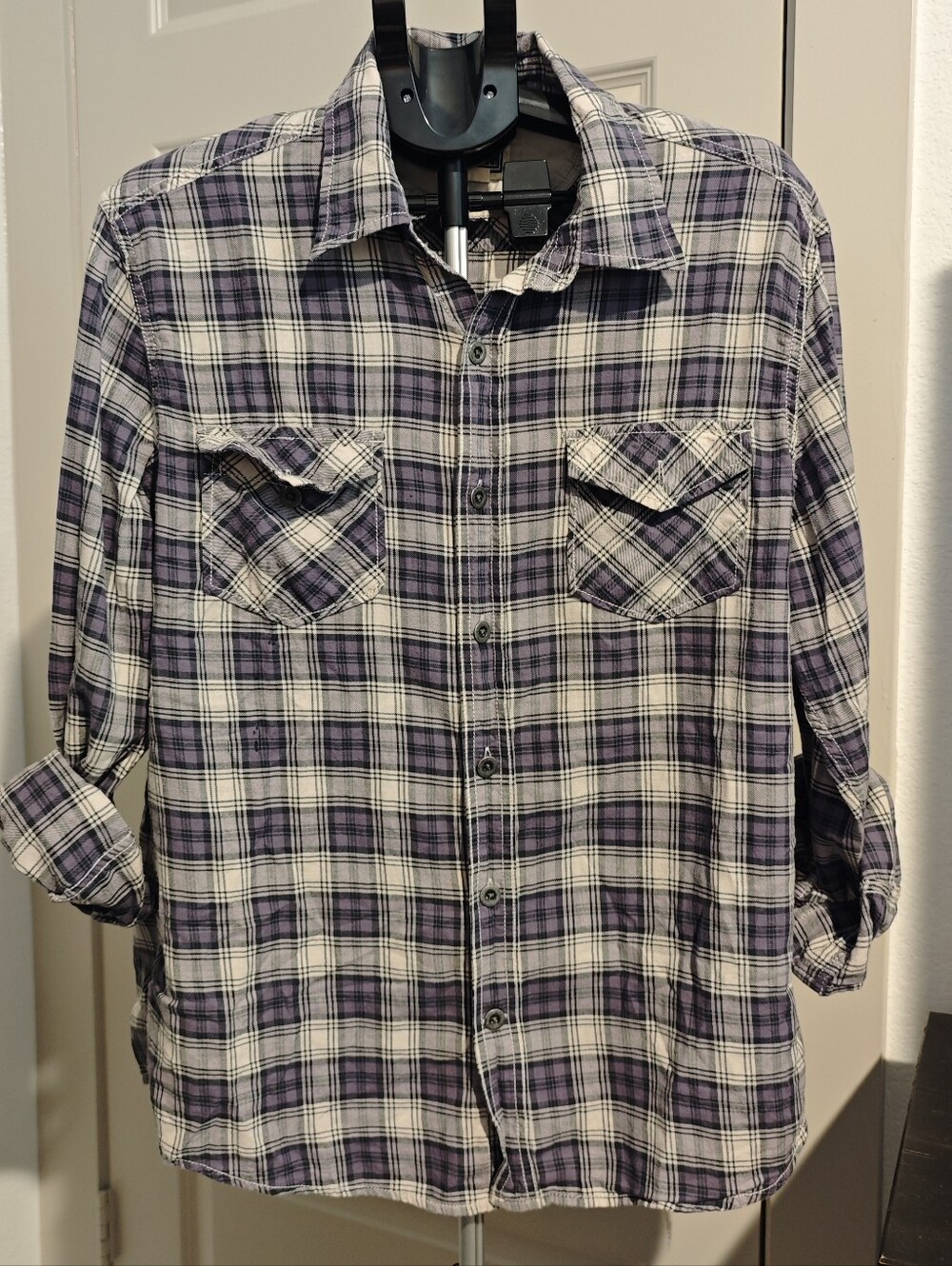 Converse One Star Men's Purple/White/Gray Plaid Button-Up Pockets Shirt Size L